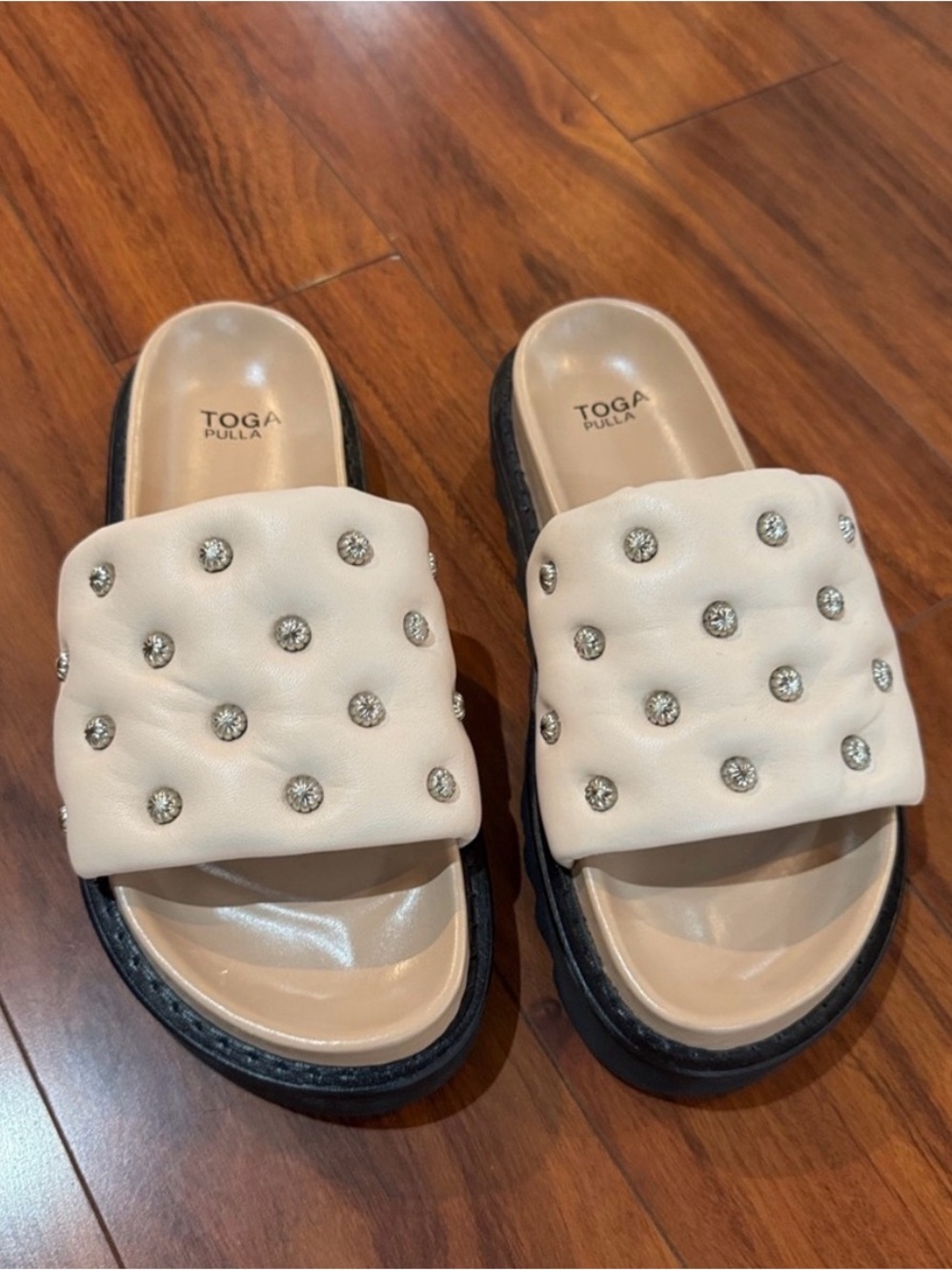 Never Worn TOGA PULLA padded leather slide sandals with signature embellishments